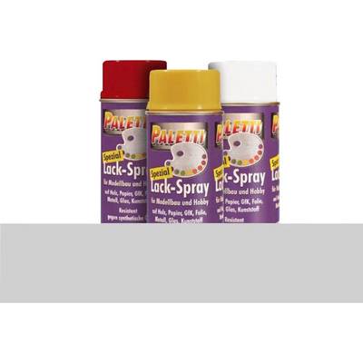 'Trois bombes de peinture en spray Paletti Spezial en rouge, jaune et blanc pour modélisme et loisirs créatifs, adaptées à divers matériaux.'