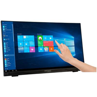 Un doigt pointe sur un écran tactile affichant l'écran d'accueil de Windows 10 en bleu clair.
