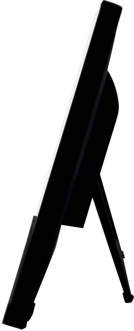 Vue latérale d'une tablette noire avec support, posée sur une table.