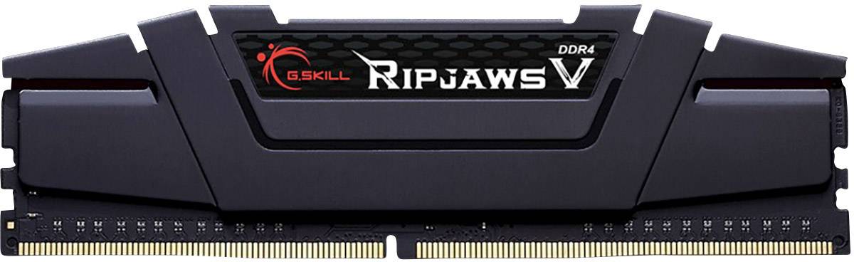 Barrette de RAM noire portant l'inscription 'G.Skill Ripjaws V DDR4', montrant un composant électronique destiné à l'extension de mémoire dans les ordinateurs.