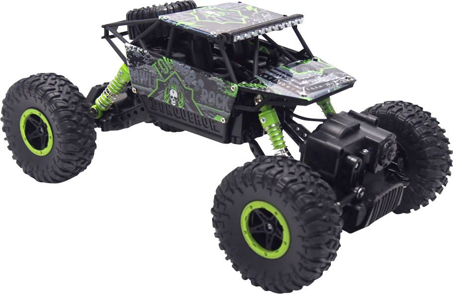 Voiture télécommandée au design tout-terrain avec de grandes roues tout-terrain et des touches vertes.