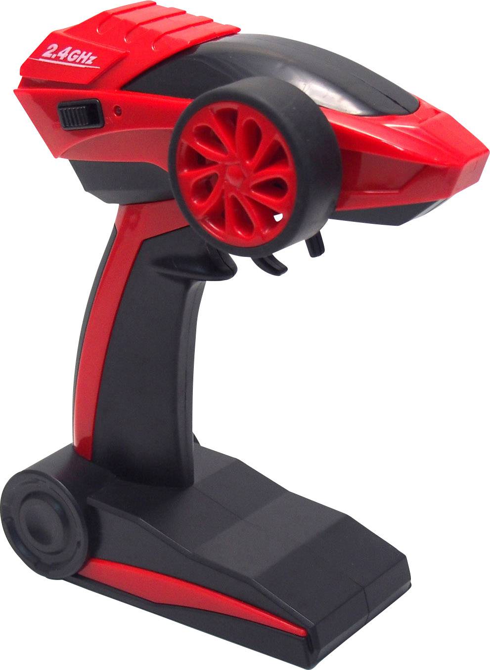 Télécommande rouge et noire pour voitures télécommandées avec de grandes roues latérales, debout.