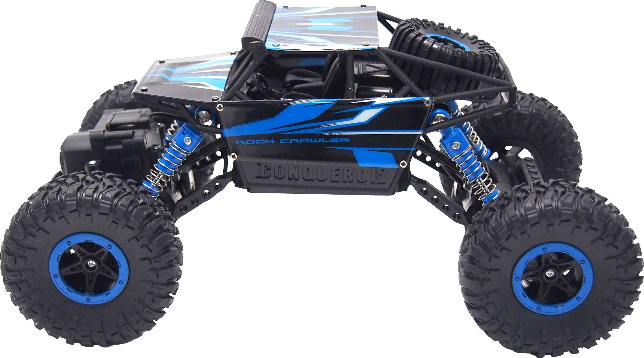 Véhicule tout-terrain télécommandé bleu et noir avec des pneus larges et un châssis robuste, adapté aux terrains difficiles.