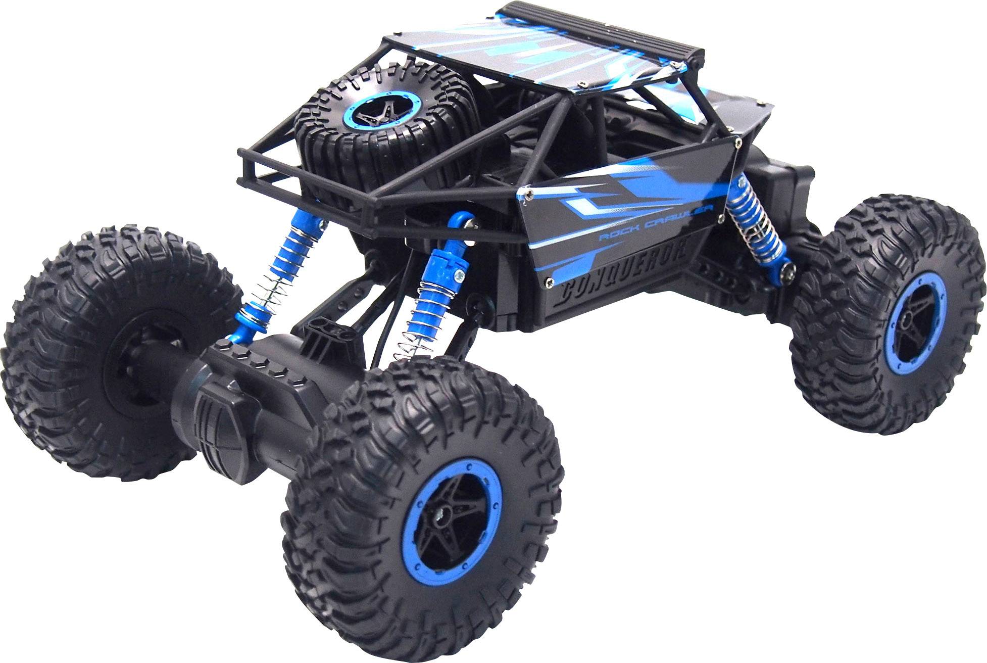 Véhicule tout-terrain miniature en bleu et noir avec de grandes roues tout-terrain. Robuste et construit pour affronter les terrains difficiles.