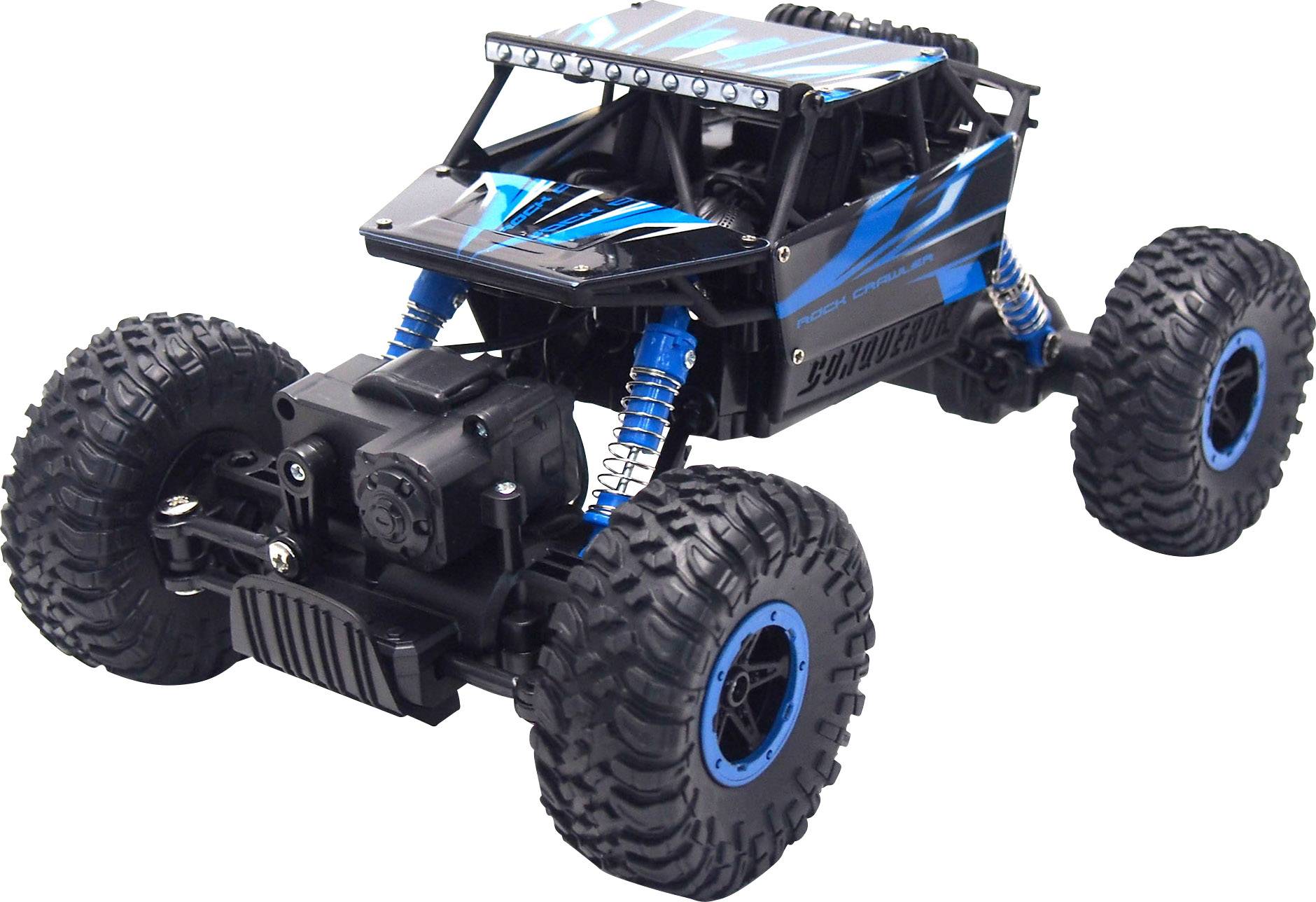Une voiture télécommandée avec de grandes roues tout-terrain et une carrosserie bleue, adaptée aux terrains difficiles.