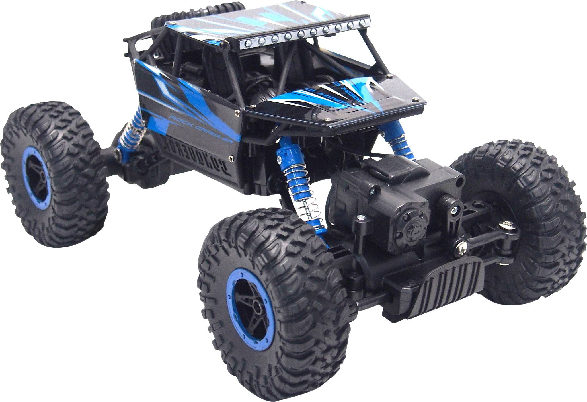 Voiture télécommandée avec de grandes roues et un design bleu-noir, idéale pour les randonnées tout-terrain. Robuste et adaptée aux terrains accidentés.
