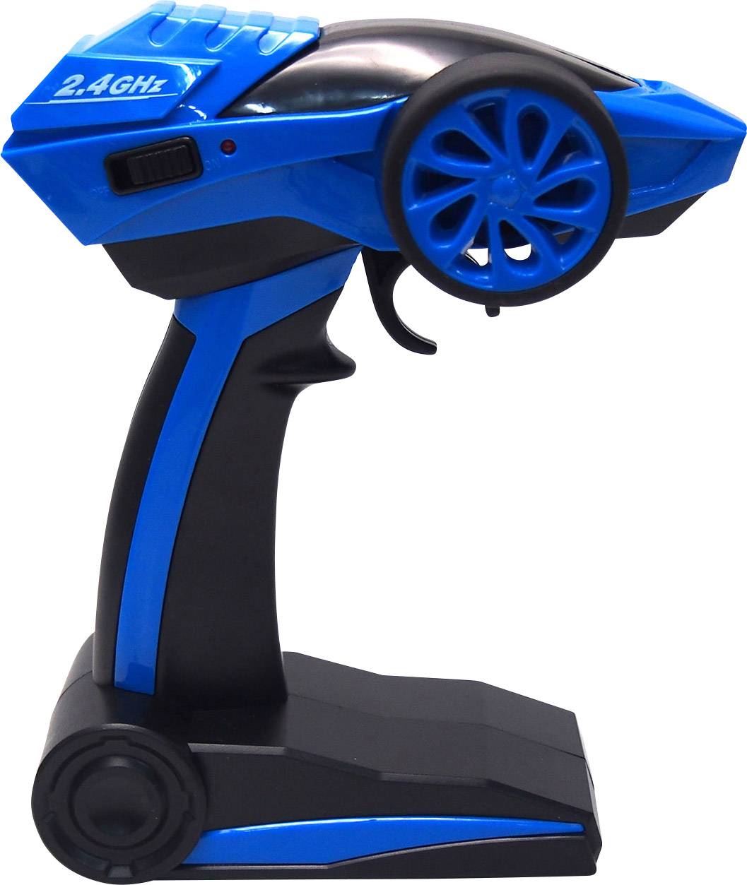 Télécommande pour voiture télécommandée en noir et bleu, composée d'une poignée et d'une commande de roues. Indiqué 2,4 GHz.