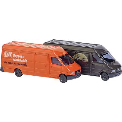 Deux véhicules miniatures, l'un en orange portant l'inscription 'TNT Express Worldwide', l'autre en noir. Représentation liée au transport.