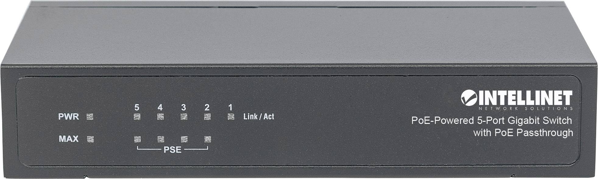 Commutateur Gigabit 5 ports INTELLINET PoE avec ports et voyants LED sur le devant.