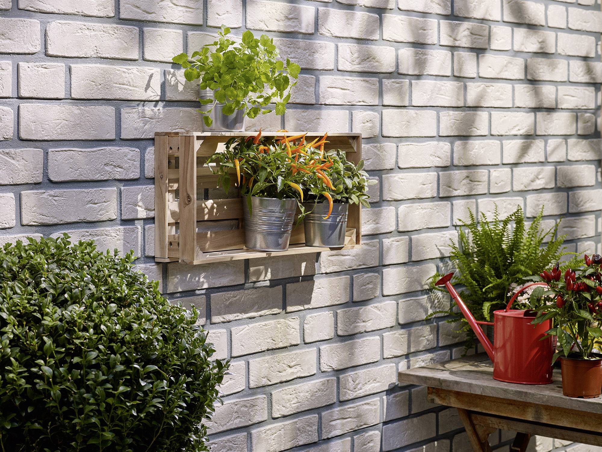 Pots d'herbes et plantes sur une étagère en bois contre un mur de briques. Une table avec un arrosoir et des fleurs à côté.