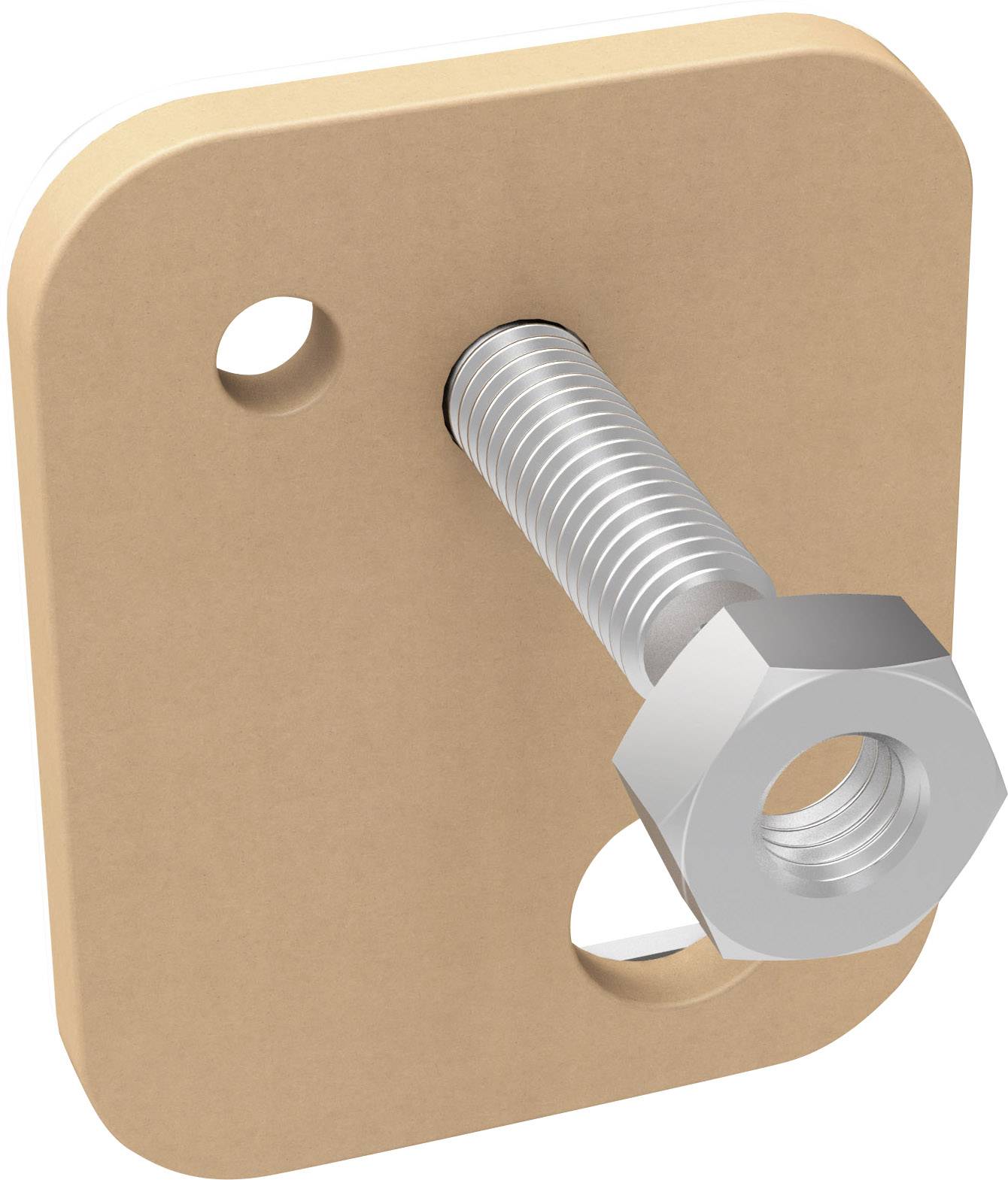 'Un boulon fileté avec un écrou traversant une plaque rectangulaire en bois, illustrant une méthode de connexion dans les applications de construction.'