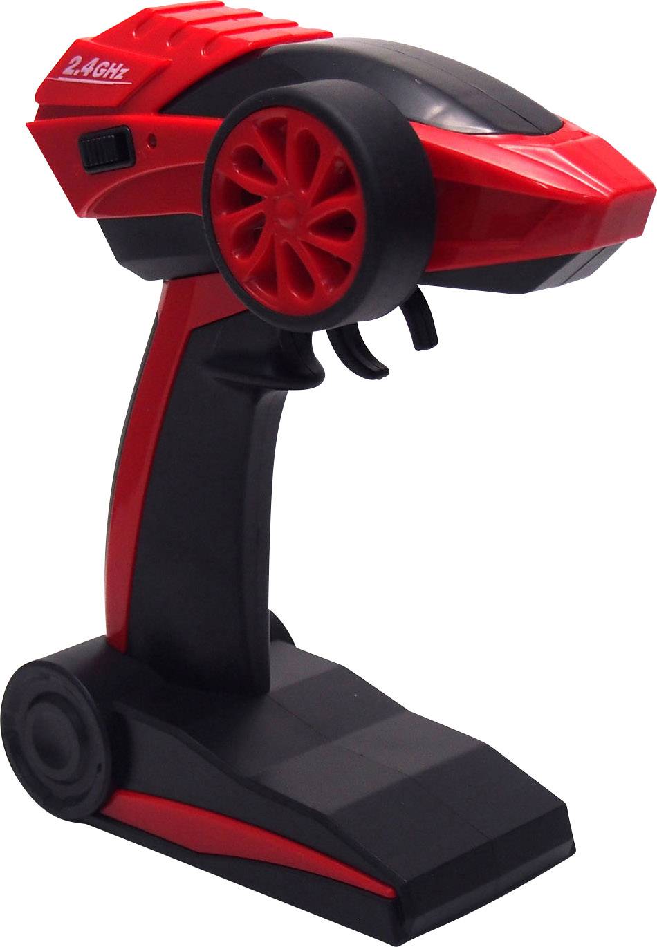 Télécommande rouge et noire pour une voiture télécommandée ; design ergonomique avec bouton de commande et déclencheur.