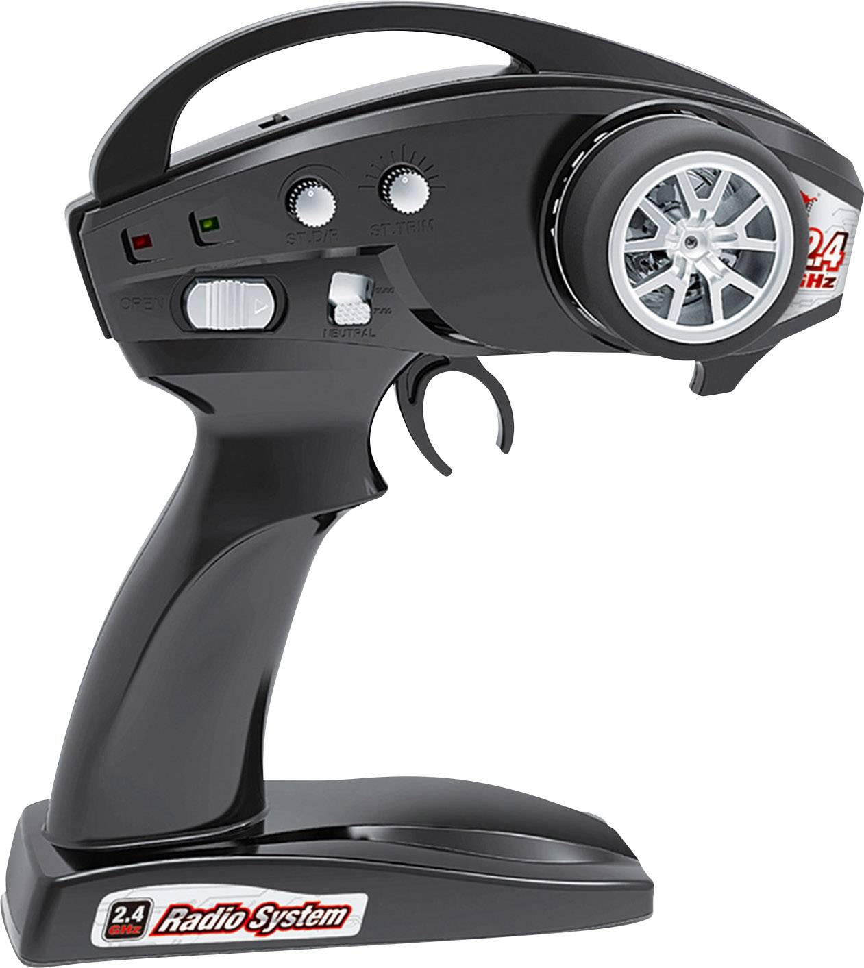 'Contrôleur noir de télécommande avec plusieurs boutons, interrupteurs et une grande molette, utilisé pour commander des véhicules télécommandés.'