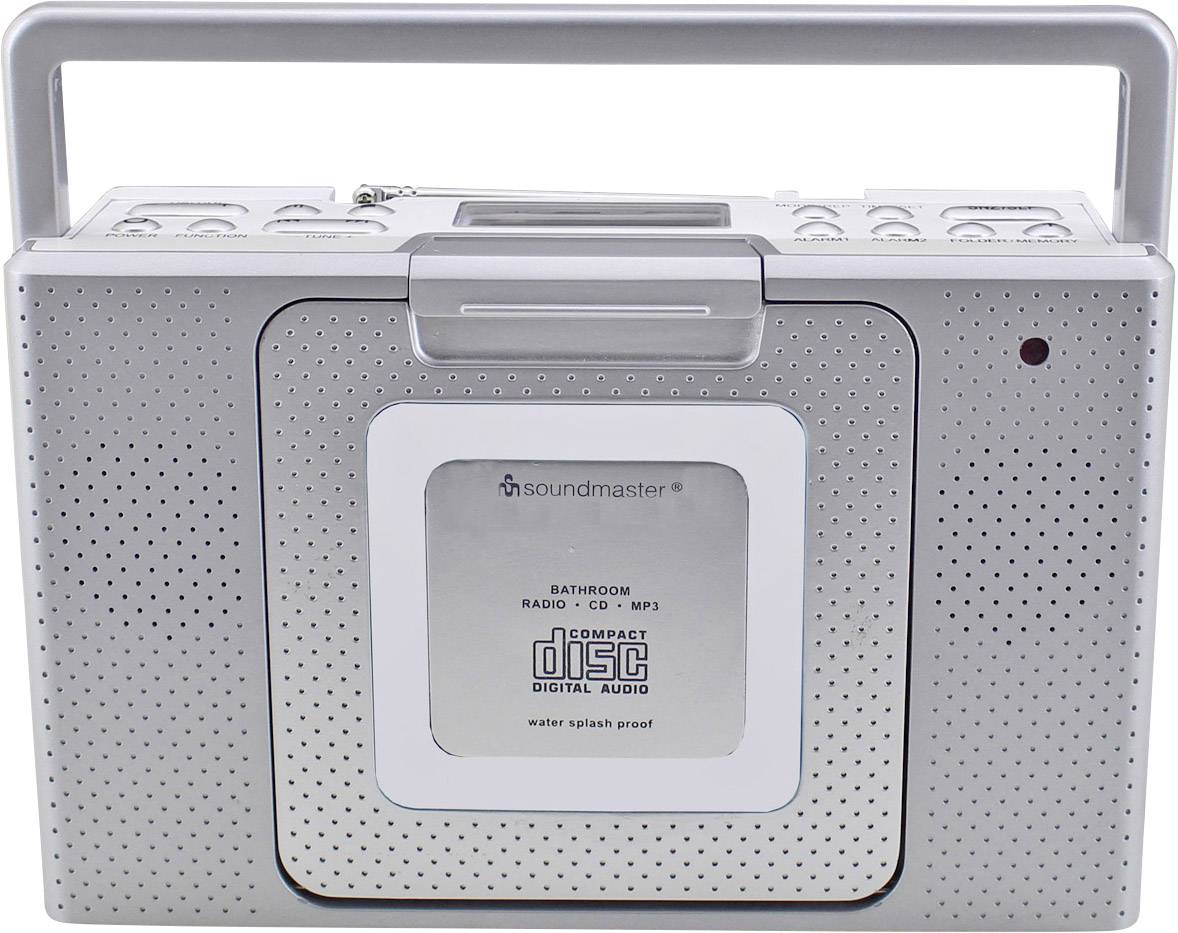 Radio avec lecteur CD, design argenté, compact, muni d'une poignée de transport et de haut-parleurs, adapté pour la lecture de MP3 et de CD, protégé contre les éclaboussures.
