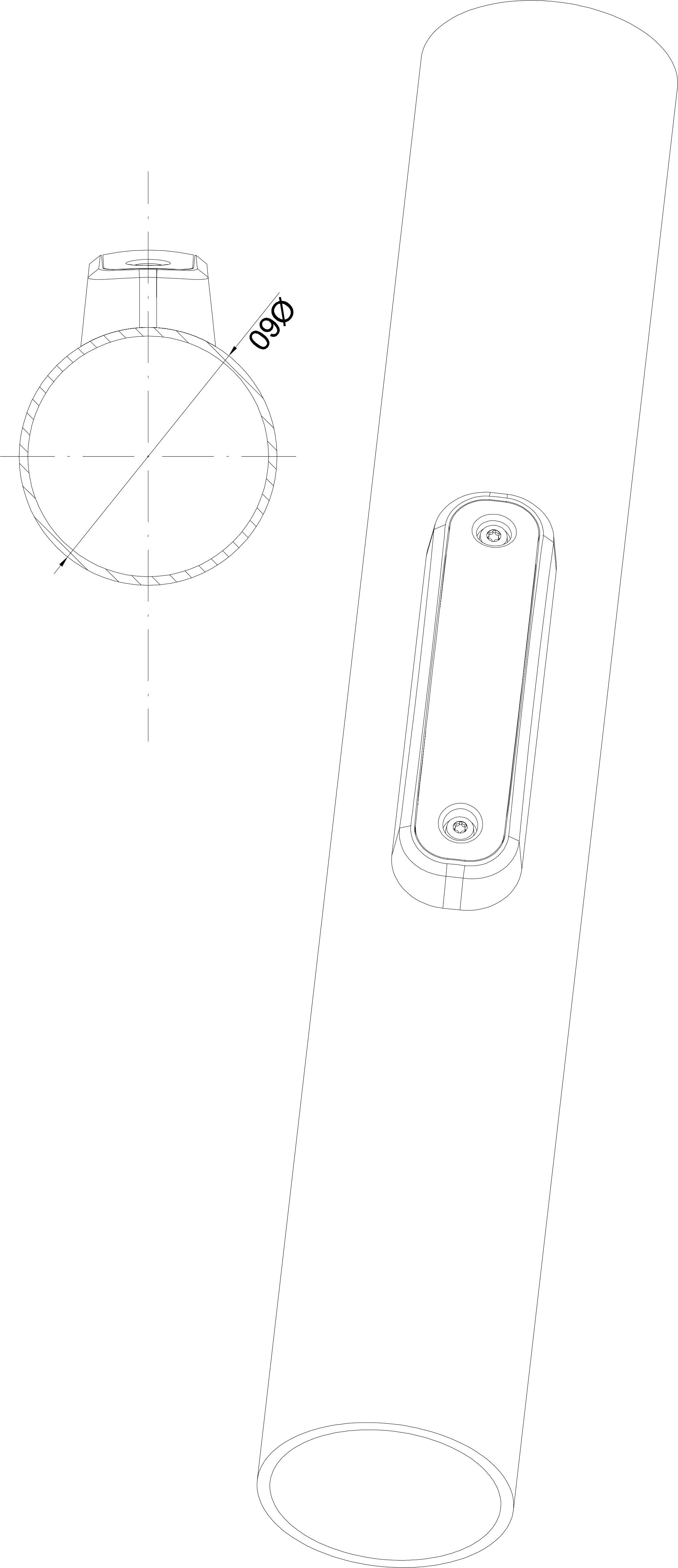 Dessin technique d'une pièce tubulaire avec support de fixation latéral, indications dimensionnelles et croquis de vue de face.
