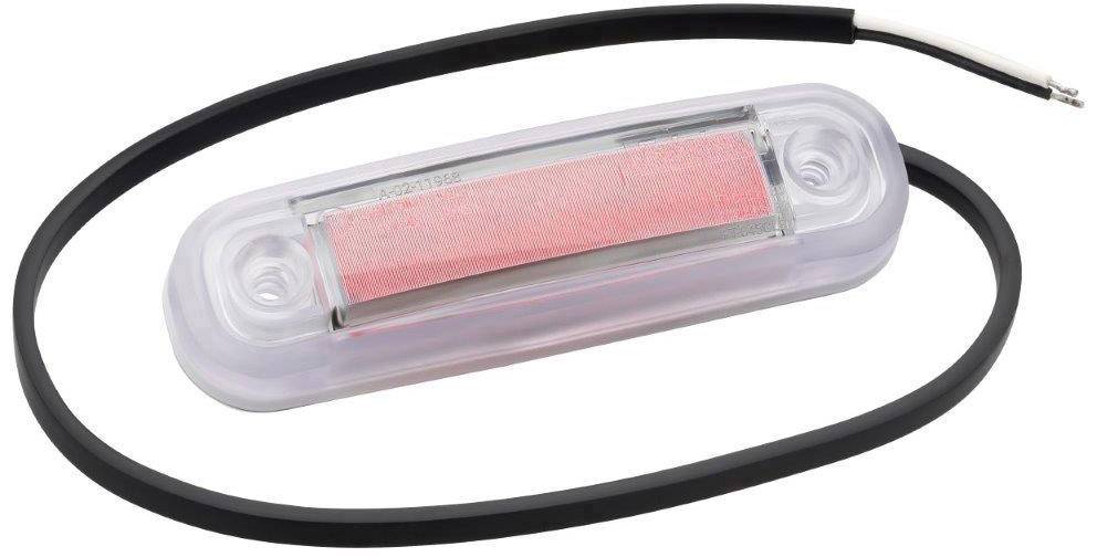 Lumière LED ovale transparente avec une bande rouge au centre, équipée de deux câbles de connexion.