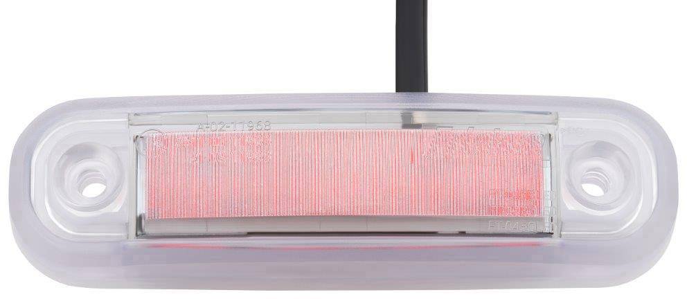 Un feu arrière rectangulaire, horizontal, rouge avec un boîtier transparent et un câble noir au-dessus, typique des véhicules.