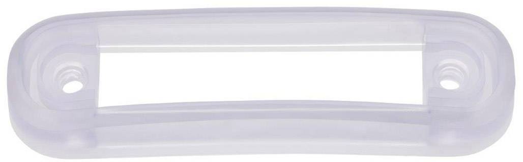 Une poignée en plastique transparent, rectangulaire avec des angles arrondis et deux trous de fixation. Adaptée pour les armoires ou les tiroirs.