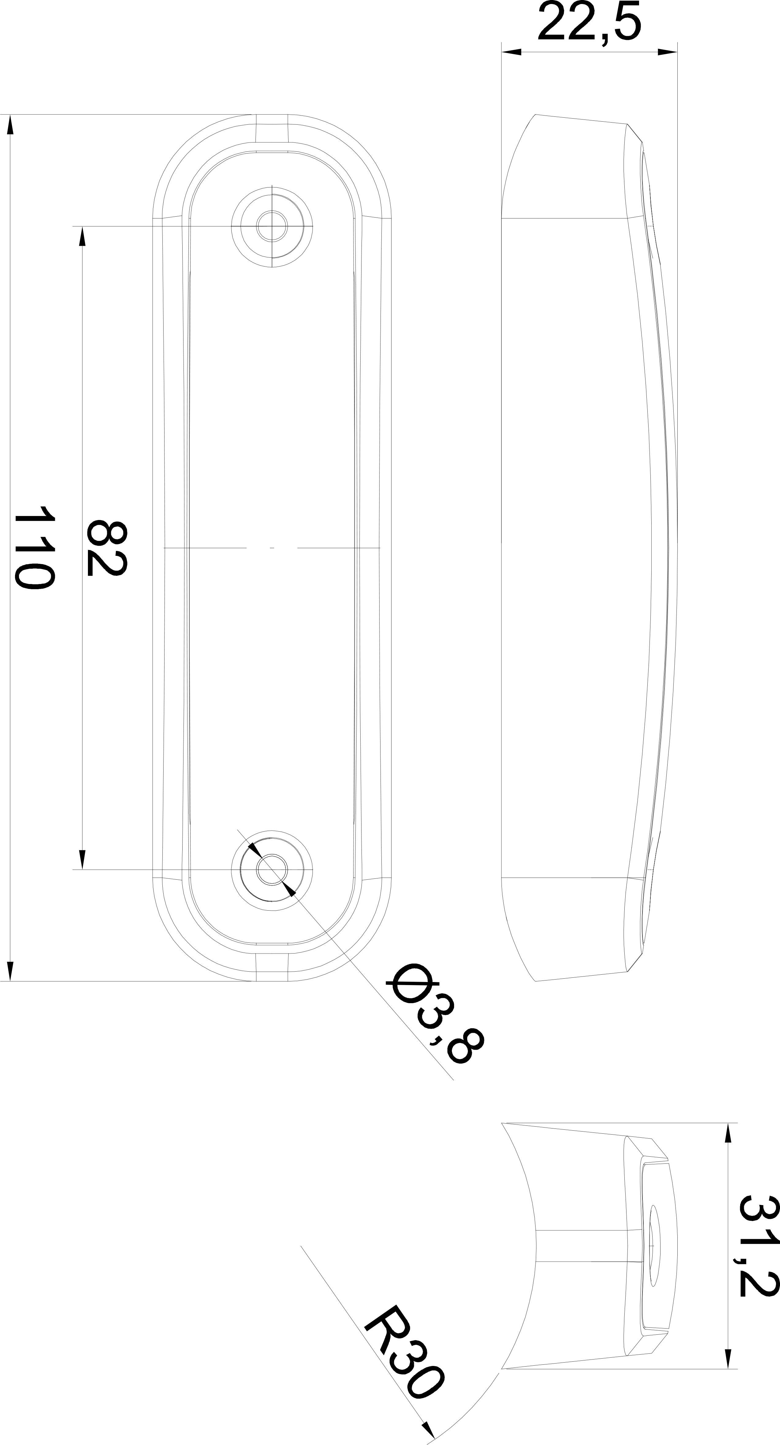 Dessin technique d'une poignée avec dimensions : Longueur 110 mm, Largeur 22,5 mm, Diamètre du trou de perçage 3,8 mm, Rayon 30 mm.