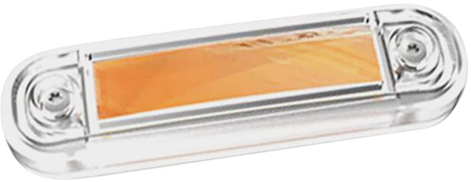 Un réflecteur rectangulaire orange avec un bord argenté et deux vis à ses extrémités.