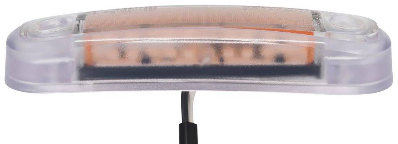 Un bandeau lumineux LED incurvé transparent avec câble noir, idéal pour l'éclairage de véhicules ou la signalisation.