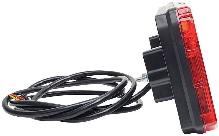 Feu arrière rectangulaire rouge avec boîtier noir et long câble ondulé. Idéal pour l'électricité automobile.