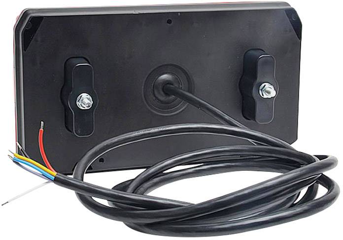 Face arrière d'une caméra de recul rectangulaire avec deux vis de fixation et des câbles pour l'alimentation électrique et la transmission de données.