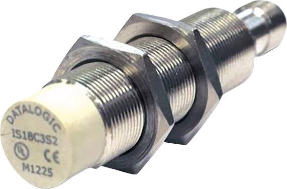 Un capteur de proximité cylindrique de Datalogic avec filetage et marquage 'IS18CB352', 'CE', 'M1225'. Boîtier chromé.