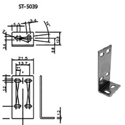 Dessin technique et photo d'un support métallique avec les dimensions suivantes : largeur 13,2 mm, hauteur 32 mm, profondeur 21,5 mm. Numéro de modèle 'ST-5039'.