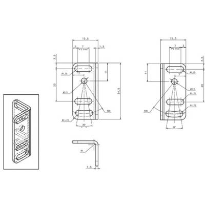 Dessin technique d'une pièce métallique rectangulaire avec diverses dimensions, trous et pliages. Présente les vues de face et de côté.