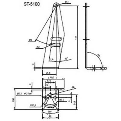 Dessin technique d'une pièce mécanique avec plusieurs dimensions et angles. Présente les lignes de délimitation, vue latérale avec des détails techniques.