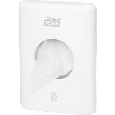 Un distributeur de mouchoirs blanc avec un papier en saillie, marqué du logo 'Tork' en haut. Conçu pour un prélèvement hygiénique de papier.
