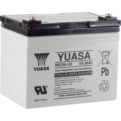 Batterie au plomb-acide de Yuasa, modèle REC36-12I, 12V, 36Ah, pour applications cycliques. Contient des symboles de recyclage et de sécurité.