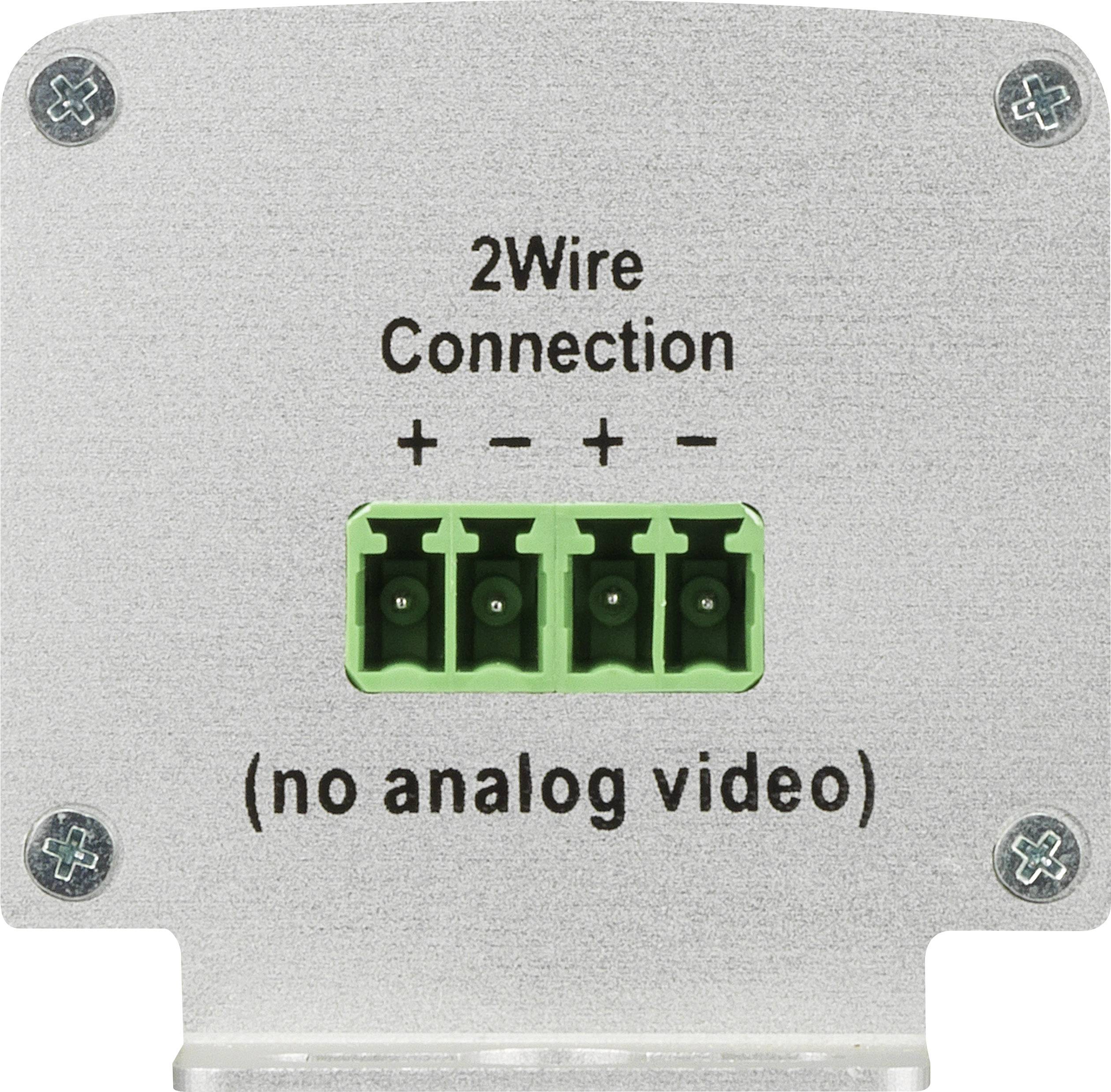 Embase de connecteur avec l'inscription '2Wire Connection', indiquant les pôles positif et négatif. Mention 'no analog video' en dessous.