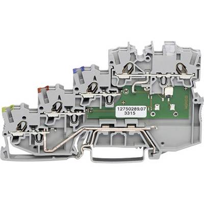 Barrette de raccordement gris-blanc avec composants électroniques et connexions à vis, utilisée pour un branchement électrique sûr et fiable.