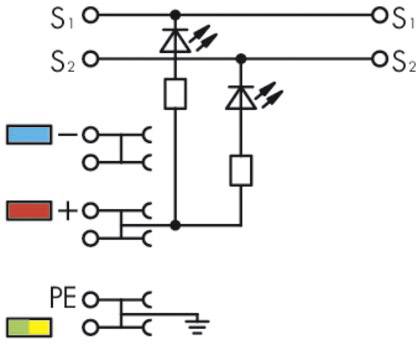 Schéma de connexion avec deux boutons-poussoirs S1 et S2, deux diodes et une ligne de terre PE. Représentation du câblage des circuits électriques.