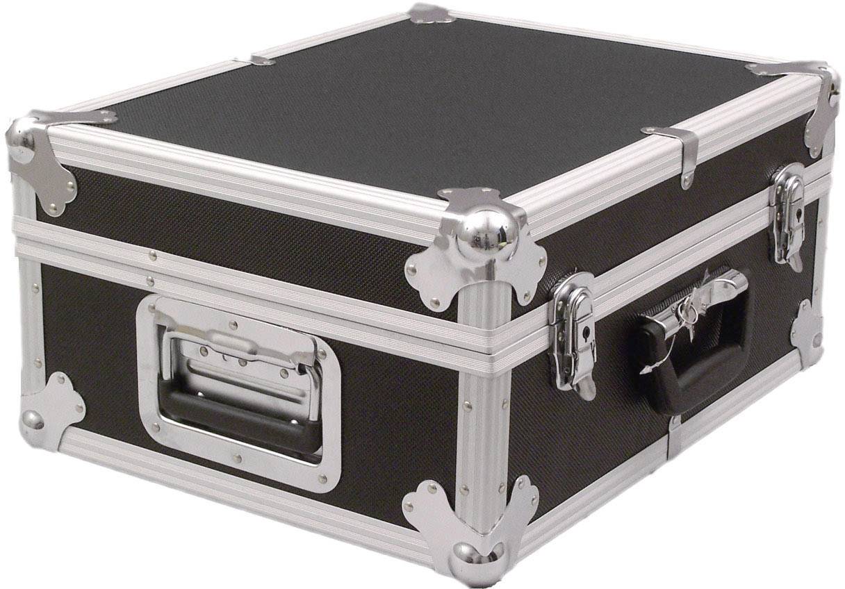 Valise de transport noire avec coins et poignées en métal argenté. Adaptée pour le transport sécurisé d'équipements ou d'appareils délicats.