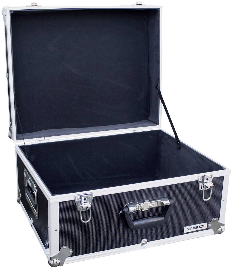 Une valise de transport noire vide, ouverte, avec un cadre métallique et une poignée, adaptée au rangement sécurisé d'objets fragiles.