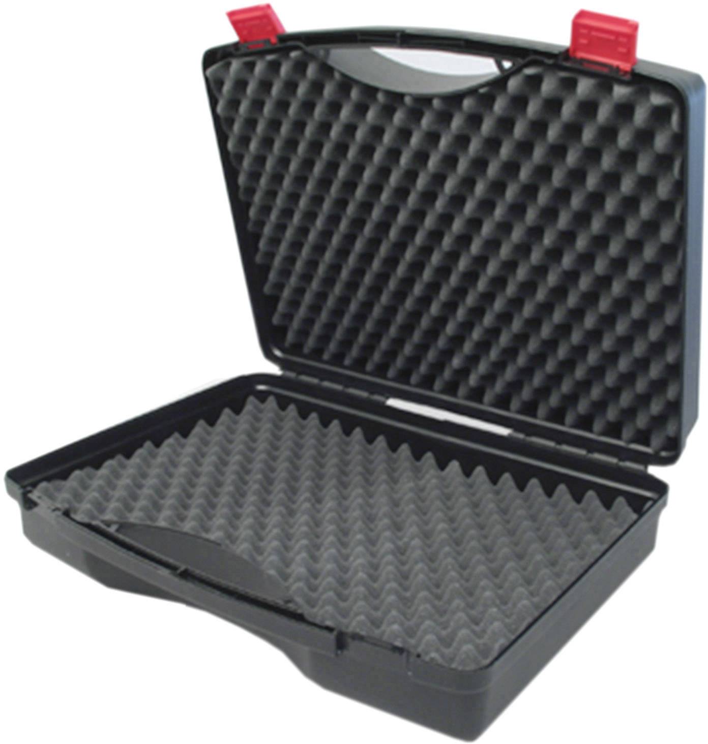 Une valise noire ouverte avec un intérieur en mousse ondulée, adaptée au transport sécurisé d'objets fragiles.