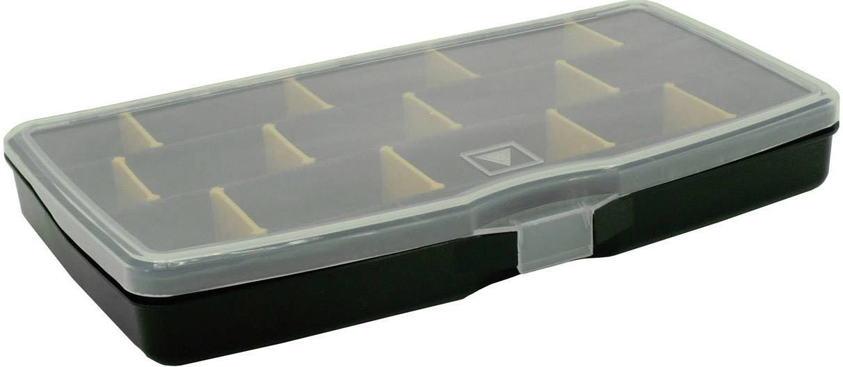 Boîte en plastique avec couvercle transparent et intérieur jaune, divisée en douze compartiments. Idéale pour le rangement de petits objets.