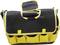 Un sac à outils noir et jaune avec plusieurs poches extérieures et une poignée de transport, ouvert et prêt à être utilisé.