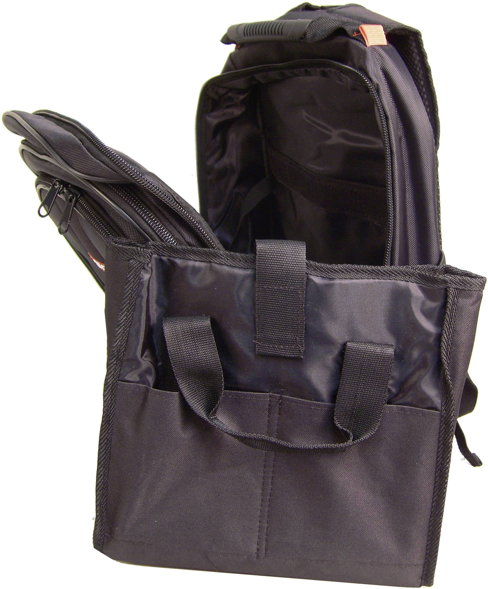 Un sac pour ordinateur portable noir ouvert, doté de plusieurs compartiments et poignées, révélant un intérieur spacieux et des pochettes organisatrices.