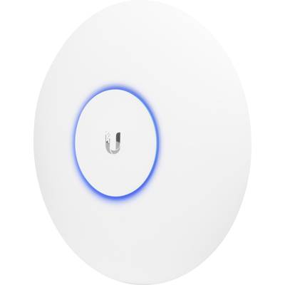 Appareil d'accès Wi-Fi rond, blanc, avec un anneau lumineux LED bleu autour du logo au centre.