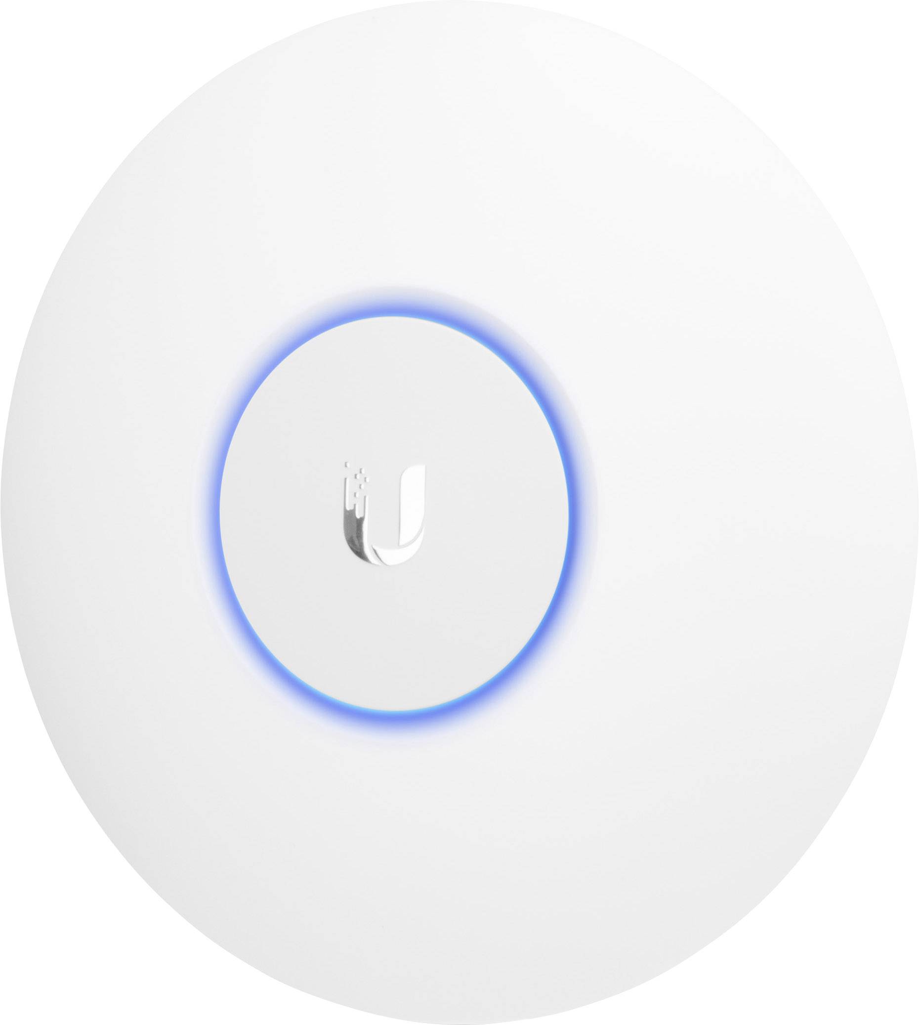 Routeur Wi-Fi blanc de forme circulaire avec un anneau lumineux bleu au centre, monté sur une surface plane.