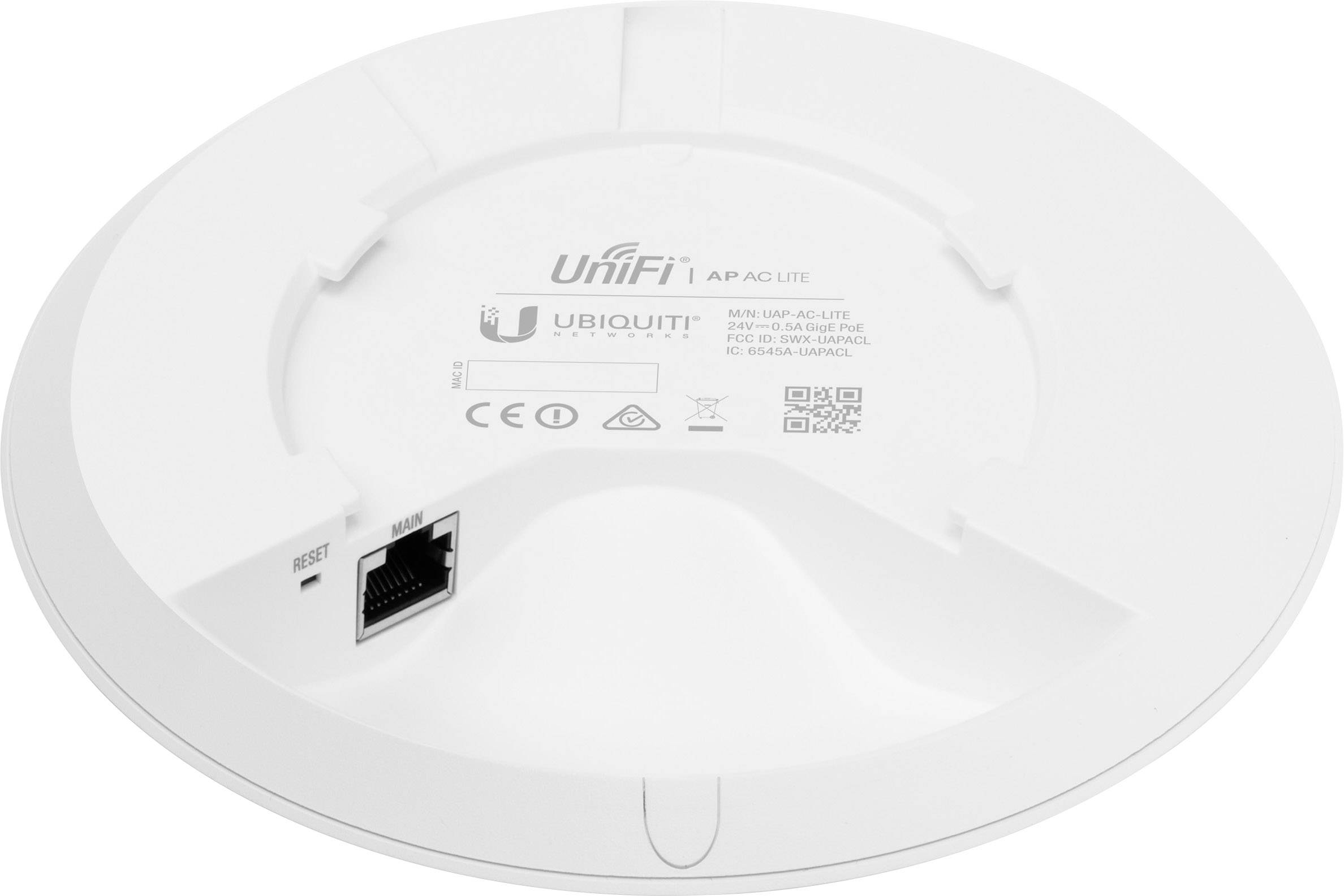 Un point d'accès blanc, circulaire de Ubiquiti avec une connexion Ethernet et un bouton de réinitialisation à l'arrière, la désignation du modèle étant visible.