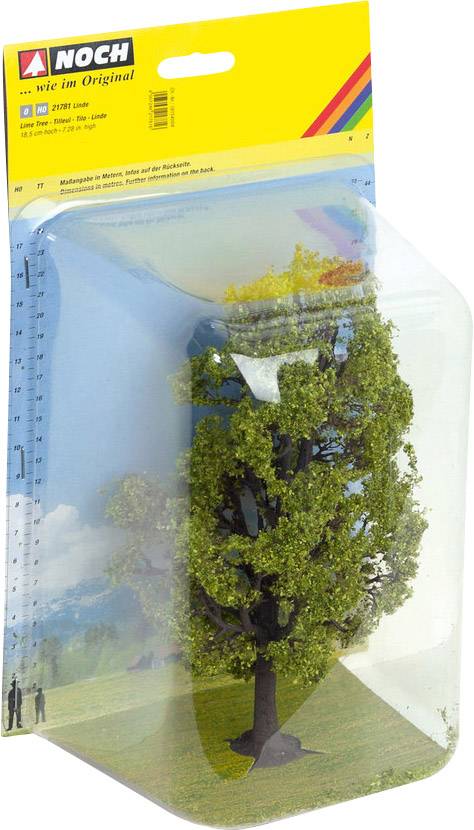 Emballage pour un arbre de maquette de train miniature, marque 'NOCH', feuilles vertes, emballage en plastique, étiquette colorée en haut à droite.