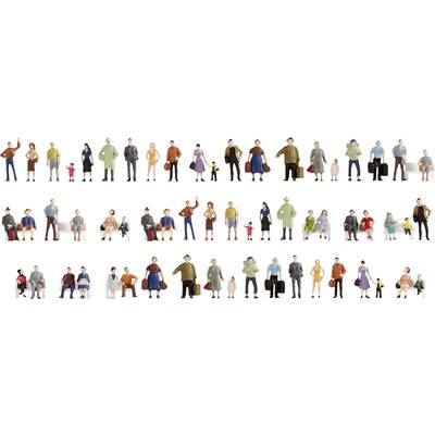 Différentes figurines miniatures de personnes portant des tenues colorées, certaines avec des bagages. Les figurines illustrent la diversité des âges et des styles vestimentaires.