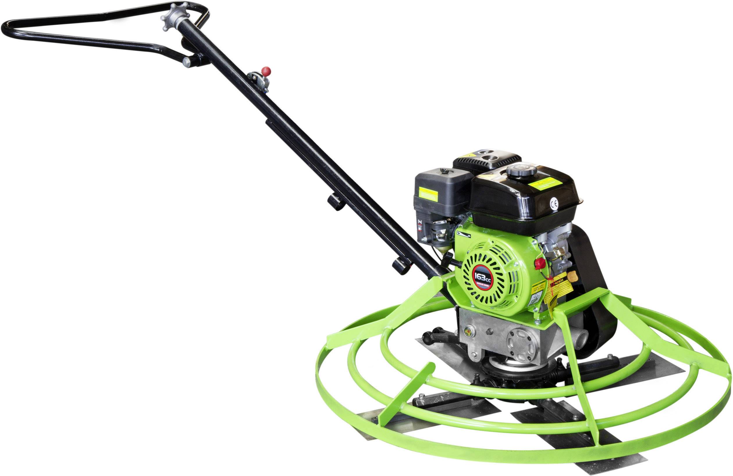 Lisseuse motorisée verte avec poignée noire, utilisée pour lisser les surfaces en béton.