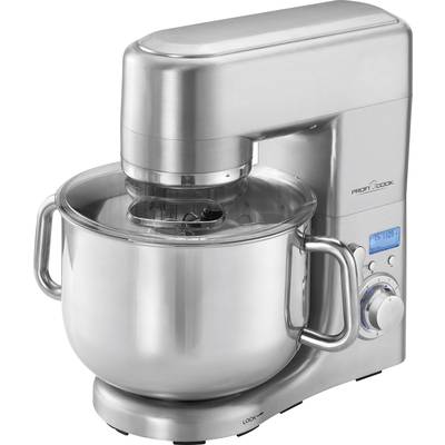 Machine à cuisiner argentée avec un grand bol mélangeur et un écran, montrant un bouton rotatif et un crochet de pétrissage. Idéale pour pétrir et mélanger.