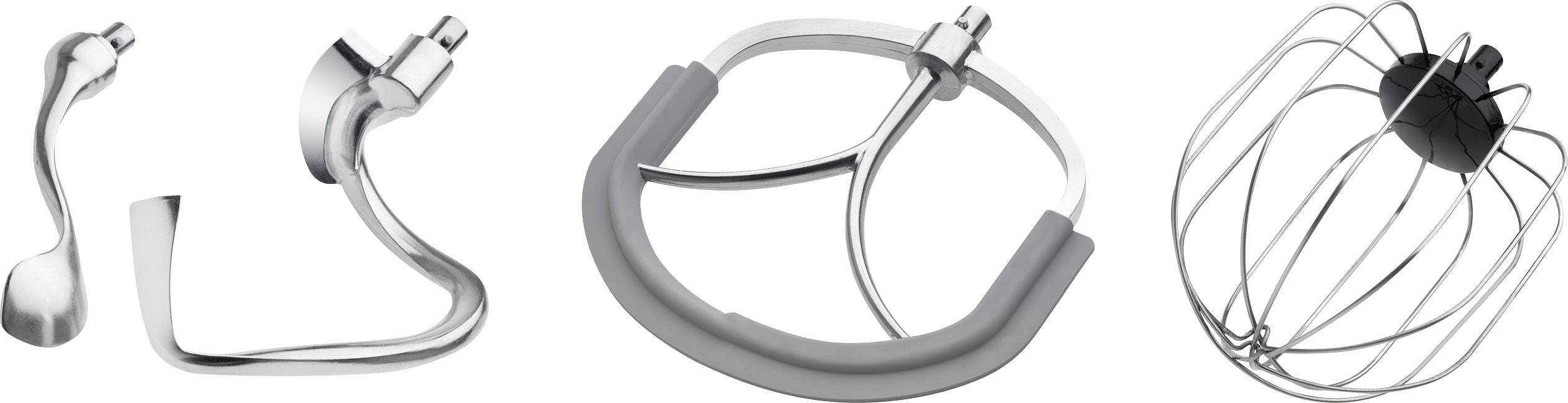 Quatre outils de mélange en acier inoxydable : un crochet pétrisseur, un batteur plat, un fouet flexible à bord en caoutchouc et un fouet à neige, tous destinés aux robots de cuisine.